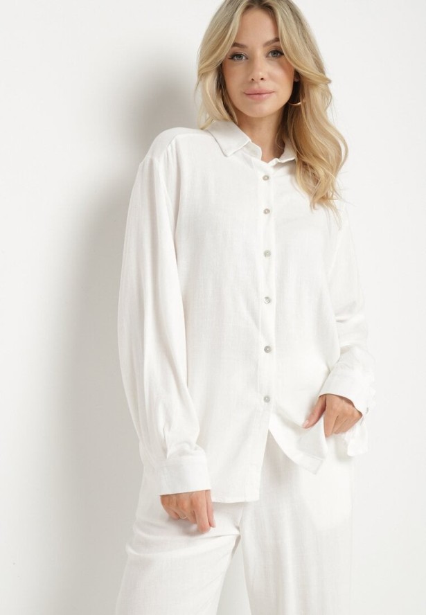 Biały Komplet z Lnem i Wiskozą Koszula i Spodnie Hanelior