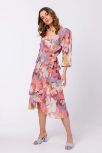 Zwiewna sukienka szyfonowa kopertowa z wiązaniem pastelowa