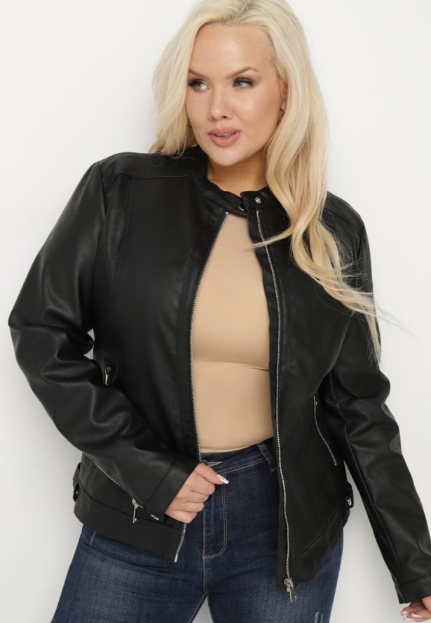 Czarna Kurtka Ramoneska Bez Kołnierzyka z Suwakami na Rękawach Rilinne