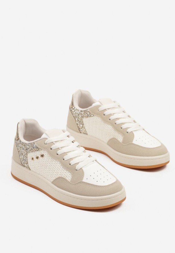 Beżowe Sneakersy z Ozdobnymi Przeszyciami w Streetwearowym Stylu Neoniela