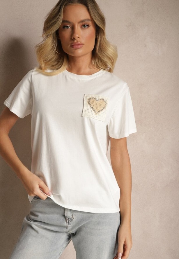 Biała Bawełniana Bluzka Ozdobiona Sercem z Cyrkonii Marionella