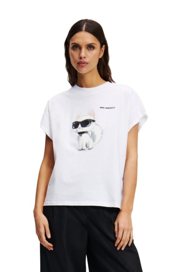 KARL LAGERFELD Biały damski t-shirt Ikon Aquarelle C Loose, Rozmiar S