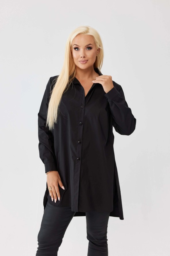 Klasyczna czarna koszula Elena zapinana na guziki, asymetryczny krój PLUS SIZE XXL OVERSIZE WIOSNA