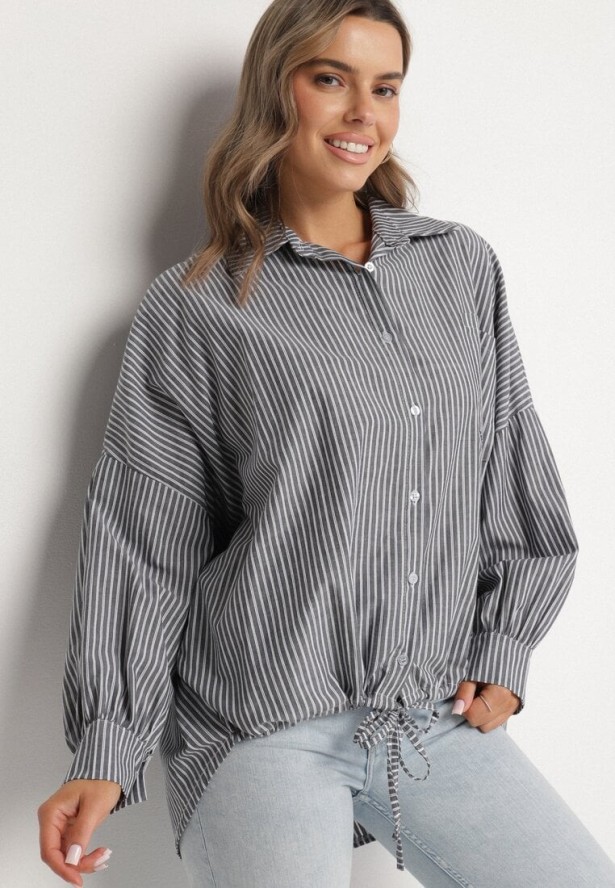 Ciemnoszara Bawełniana Koszula Oversize w Paski ze Ściągaczem Elineola