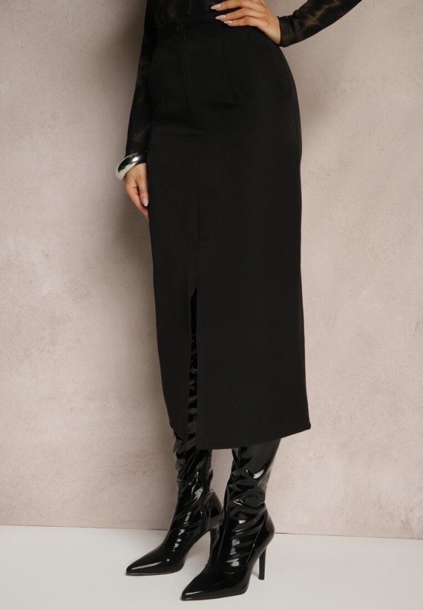 Czarna Spódnica Ołówkowa z Wiskozą High Waist z Rozcięciem Semivinia