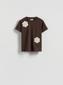 T-shirt z szydełkowaną aplikacją - brązowy