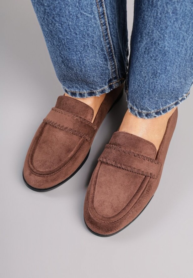 Brązowe Mokasyny Vices z Wkładką ze Skóry Naturalnej i Paskiem z Przeszyciami Fonarrie