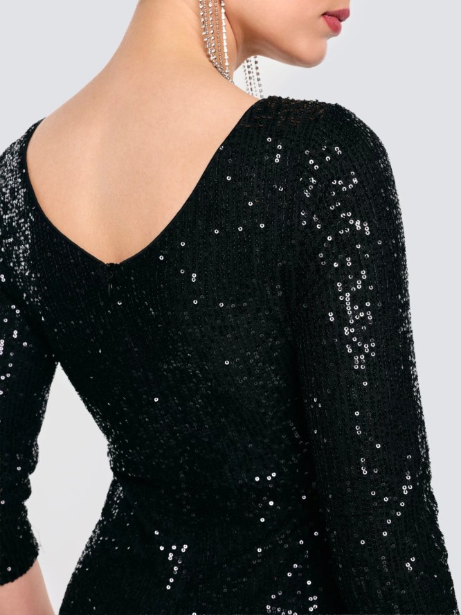 Sukienka damska midi cekinowa z rękawem 3/4 czarna Alex 906