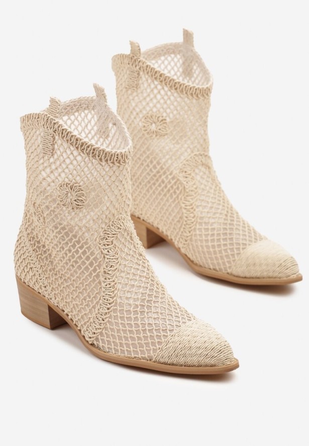 Jasnobeżowe Botki Kowbojki na Stożku ze Skórzaną Wkładką i Siateczkową Cholewką Frolozi