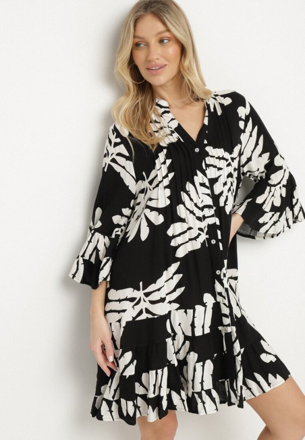 Czarna Wiskozowa Sukienka Koszulowa Ozdobiona Falbankami w Liście Edivonia