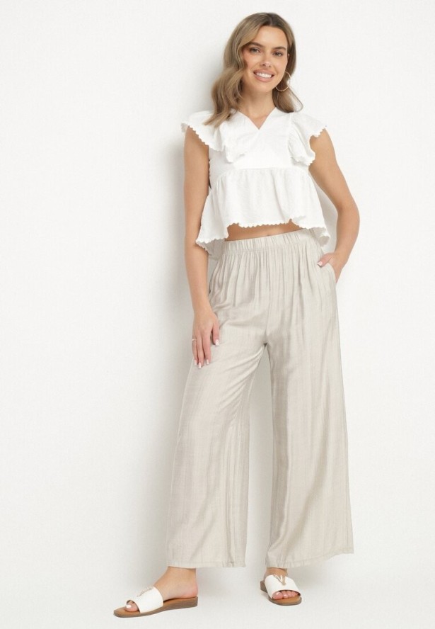 Jasnoszare Szerokie Spodnie Typu Palazzo z Wysokim Stanem Varlevi