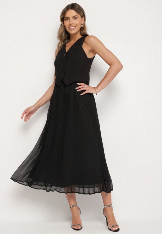 Czarna Plisowana Sukienka z Wiskozy z Wszytą Kamizelką Silanda