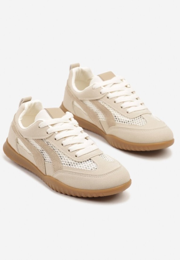 Ciemnobeżowe Sneakersy w Stylu Tenisówek Ozdobione Paskami Amooshea