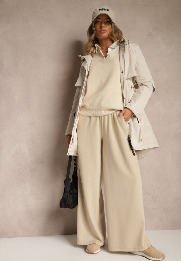 Jasnobeżowa Kurtka Typu Parka z Kapturem o Klasycznym Kroju Tulania