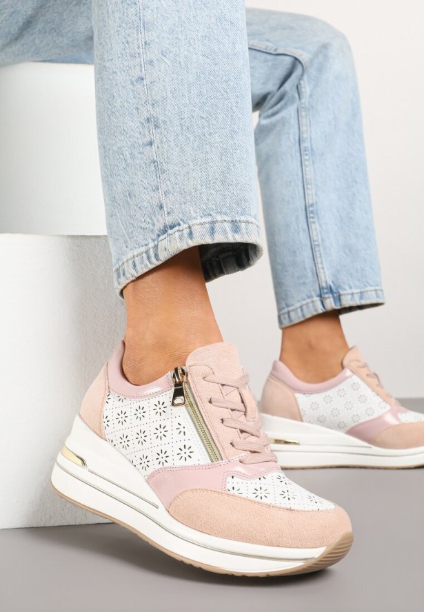 Różowe Sneakersy na Ukrytym Koturnie z Ozdobnym Suwakiem i Ażurowym Wzorem Reladia