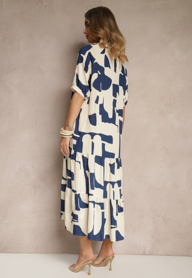 Granatowa Sukienka z Wiskozy Ozdobiona Geometrycznym Motywem Filorea