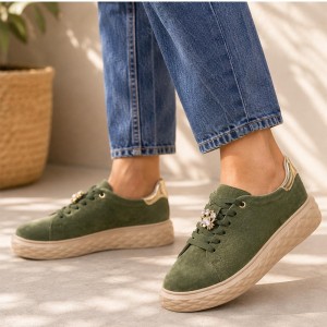 Khaki skórzane sneakersy damskie Sergio Leone Sp110