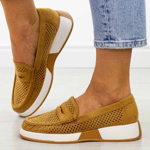 Camelowe ażurowe mokasyny damskie Sergio Leone Mk095