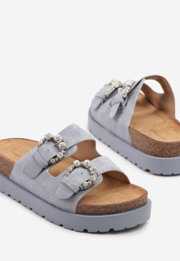 Niebieskie Klapki na Platformie z Korka Ozdobione Cyrkoniami Orrisca