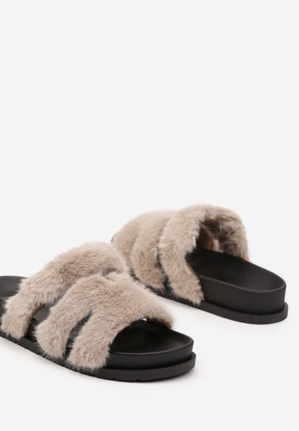 Ciemnobeżowe Futrzane Klapki na Podeszwie z Pianki Balinea