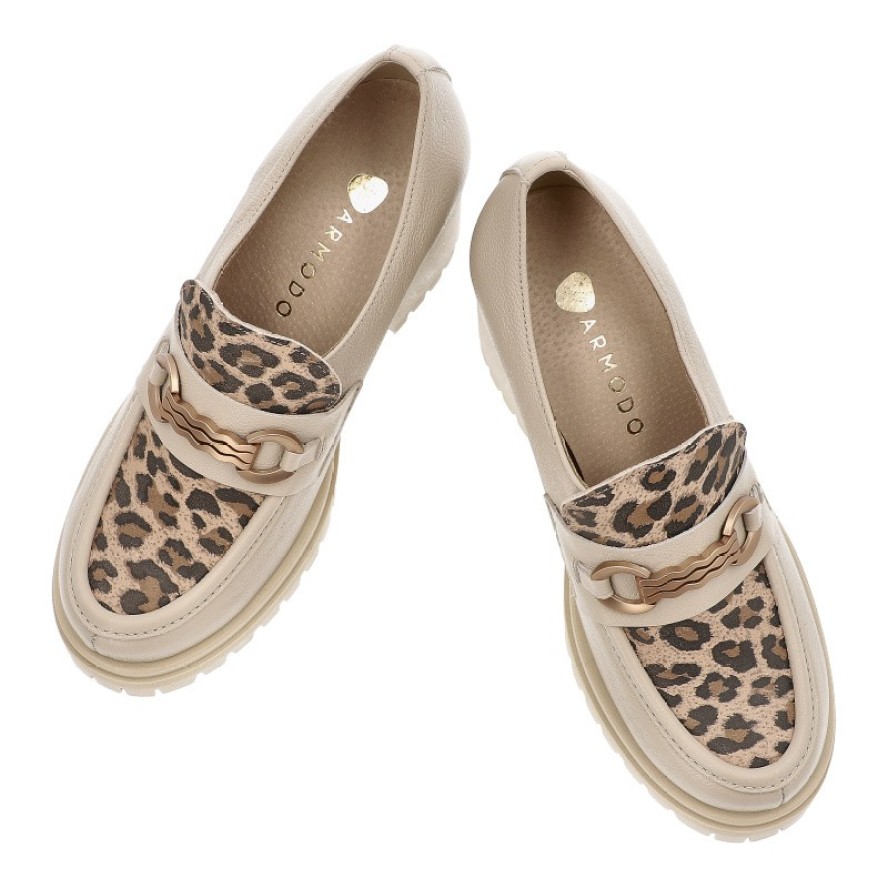 Beżowe Półbuty Armodo Stylowe Obuwie Damskie Lampart