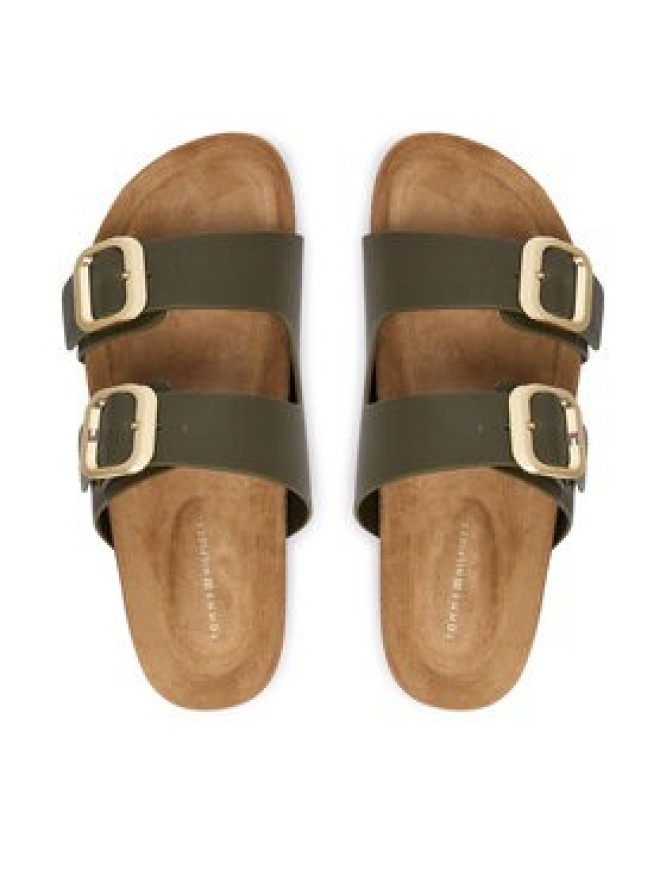 Tommy Hilfiger Klapki Leather Double Strap Cork Sandals FW0FW09118 Zielony