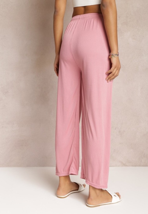 Różowe Szerokie Spodnie z Marszczoną Gumką i Sznurkiem Feliti