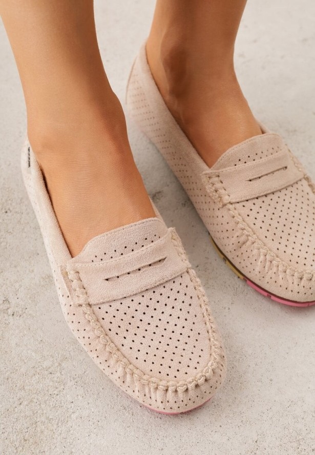 Beżowe Ażurowe Mokasyny ze Skórzaną Wkładką Ozdobione Przeszyciami Sylilise