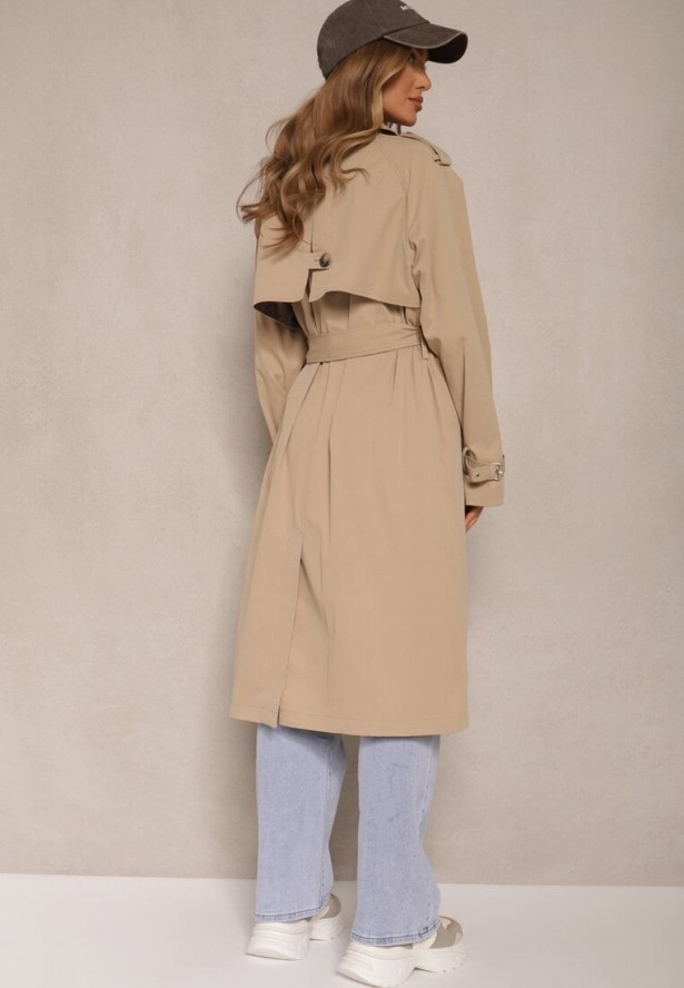 Ciemnobeżowy Dwurzędowy Płaszcz Typu Trencz z Pagonami i Paskiem w Talii Malwizia