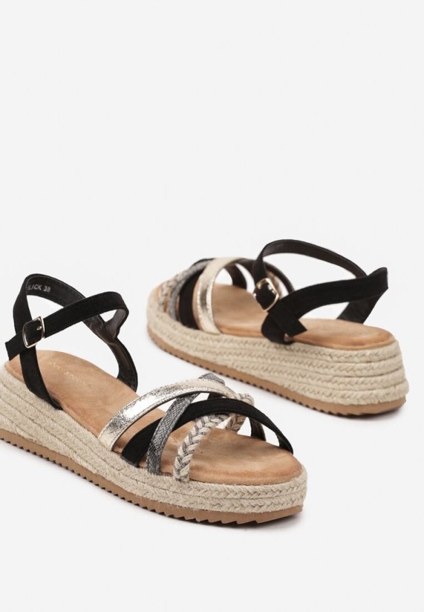 Czarne Sandały z Plecionym Sznurkiem Dulinea