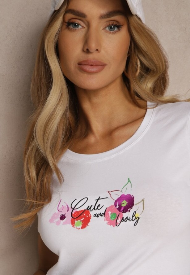 Biało-Różowy Bawełniany T-shirt z Nadrukiem Zarinelle