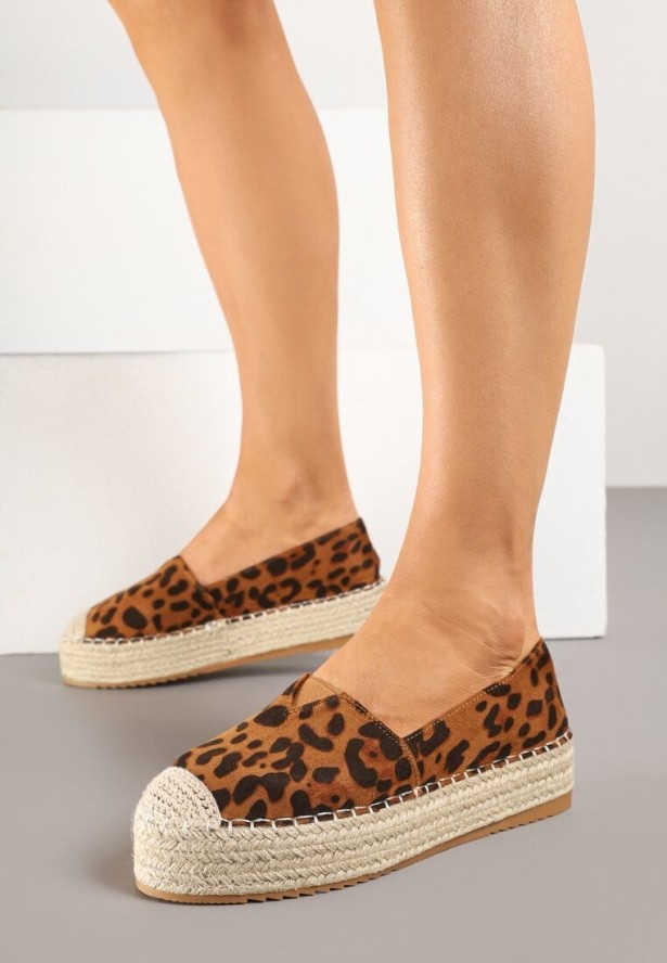 Panterkowe Espadryle z Imitacji Zamszu na Platformie z Jutowej Plecionki Mirrona
