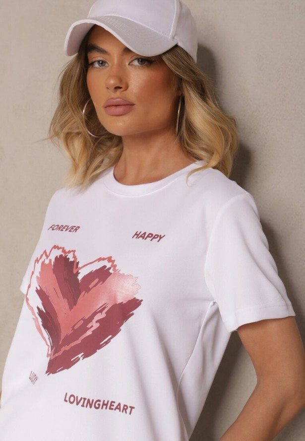 Biały T-shirt z Nadrukiem w Kształcie Serca Palalea