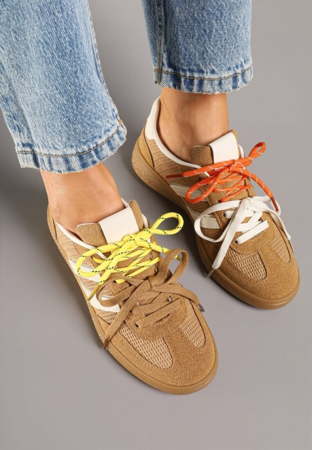 Brązowe Sneakersy z Geometrycznymi Paskami i Podwójnym Wiązaniem Florlevi