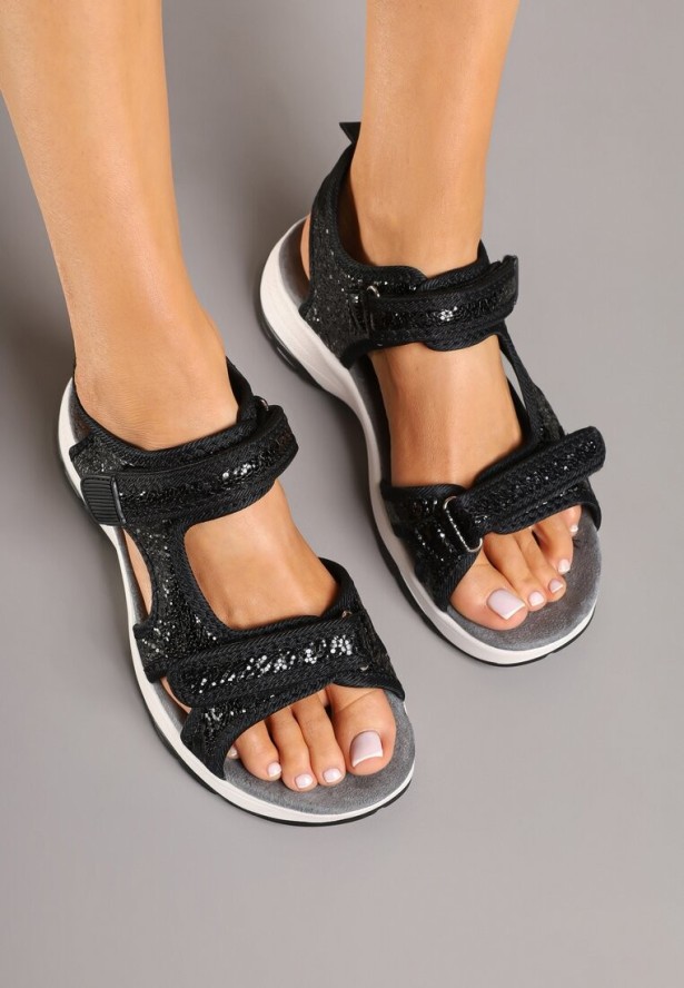 Czarne Metaliczne Sandały Vices w Sportowym Stylu z Zapięciem na Rzep Tanadoria