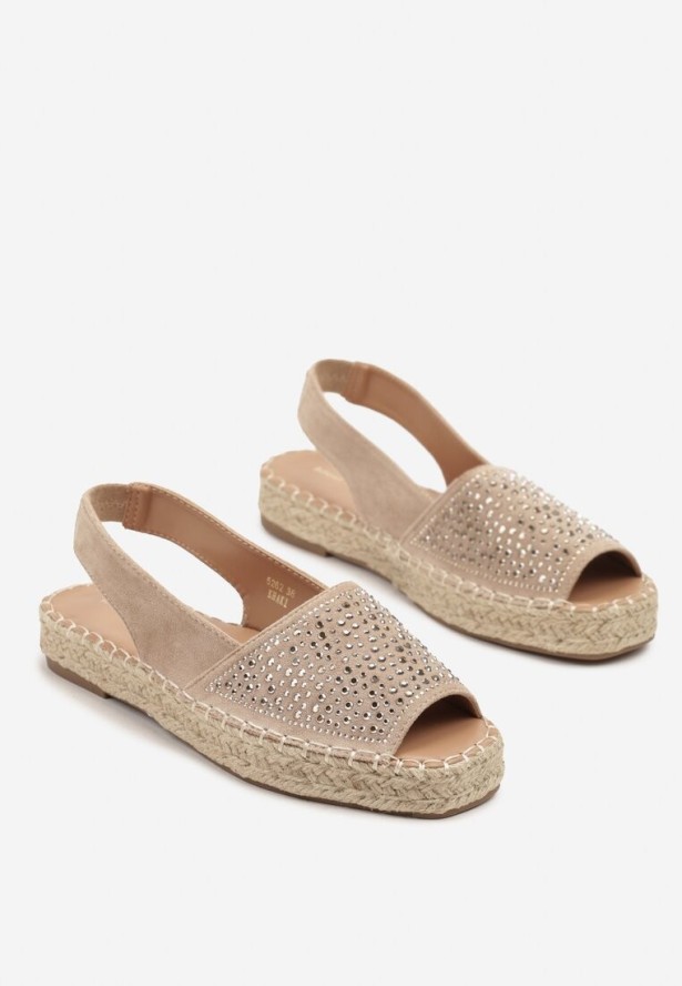 Ciemnobeżowe Sandały w Stylu Espadryli z Cyrkoniami na Podeszwie z Plecionki Neorwena