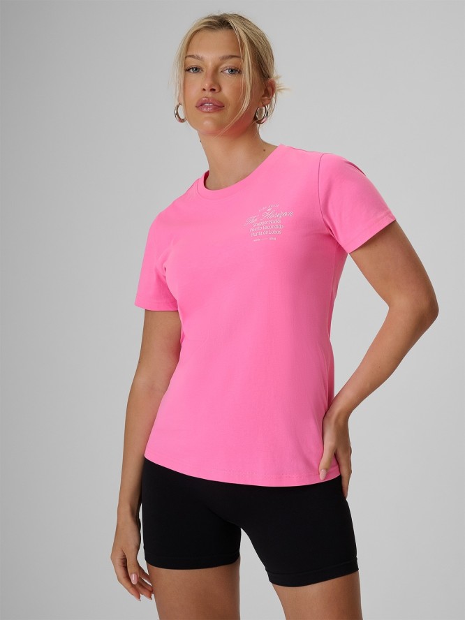 4F T-shirt regular z nadrukiem damski - różowy XS