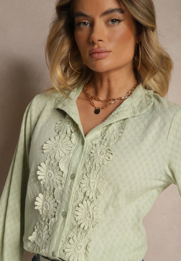 Zielona Koszula z Koronką i Kołnierzem Ranamas