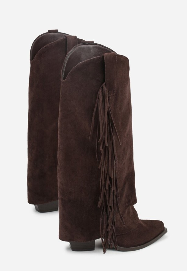 Ciemnobrązowe Kozaki Kowbojki na Stożku z Cholewką Imitującą Nogawkę z Frędzlami Monettea