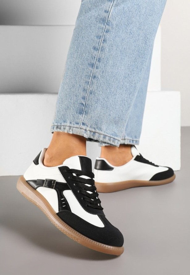 Czarno-Białe Sneakersy Klasyczne Tenisówki Zdobione Klamerką Senaniela