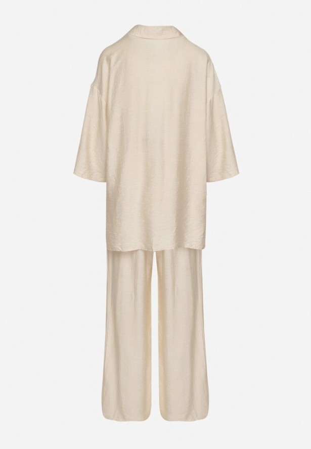 Jasnobeżowy Komplet z Wiskozy Koszula z Podpinanymi Rękawami i Szerokie Spodnie Dormoi