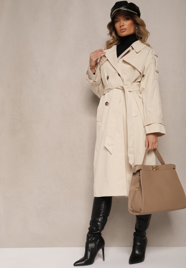 Beżowy Płaszcz Trencz o Dwurzędowym Kroju z Rozcięciem i Klapą Wiązany w Talii Valezi