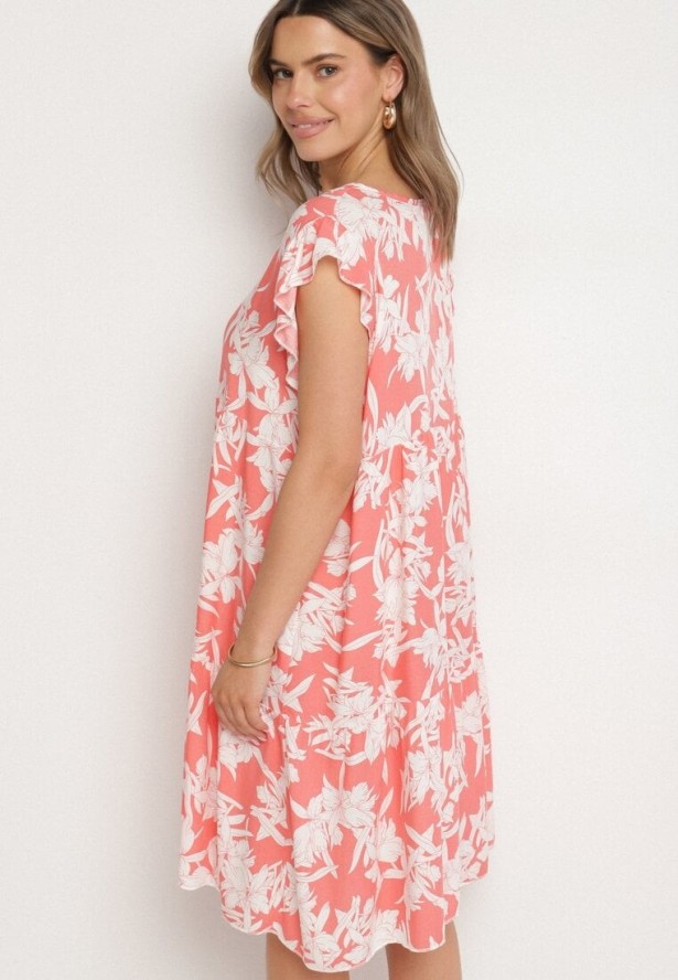 Różowa Bawełniana Sukienka o Rozkloszowanym Kroju w Kwiaty Libella