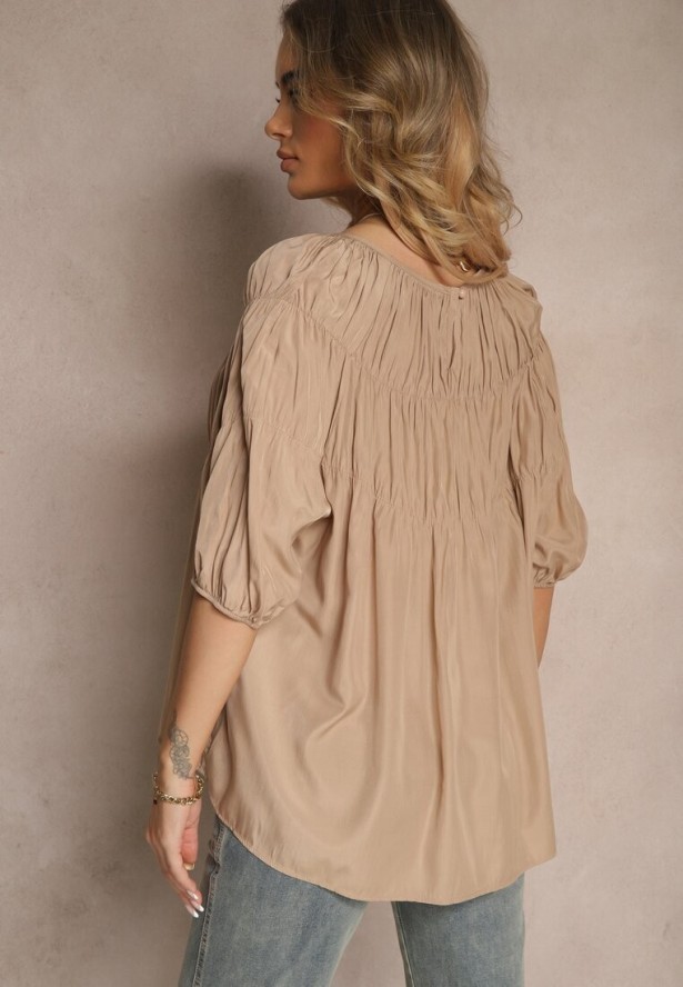 Jasnobrązowa Bluzka z Wiskozą o Fasonie Oversize z Gumkami w Ramionach Alirona