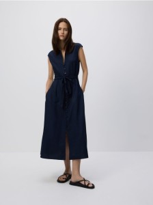 Sukienka midi z dodatkiem lnu - granatowy