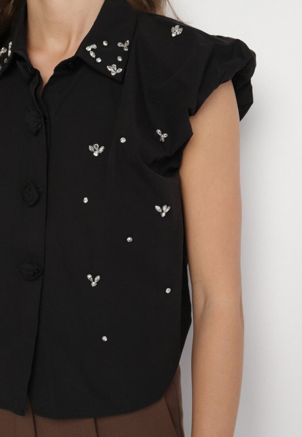 Czarna Bawełniana Koszula bez Rękawów z Cyrkoniami Aseki