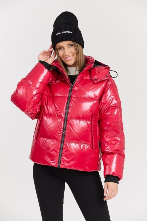 KARL LAGERFELD Czerwona damska kurtka Hooded Down Jacket, Rozmiar M