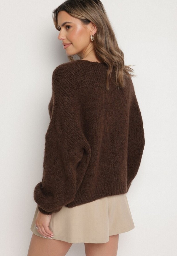 Brązowy Kardigan Oversize z Wełną Zdobiony Kokardkami Eleathalie