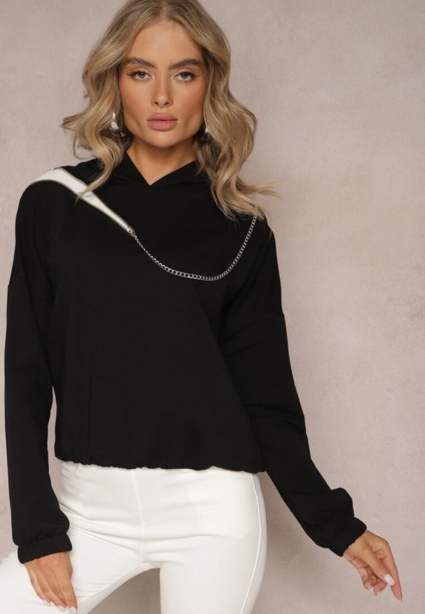 Czarna Asymetryczna Bluza z Bawełny z Kapturem i Ozdobnym Suwakiem Lueur