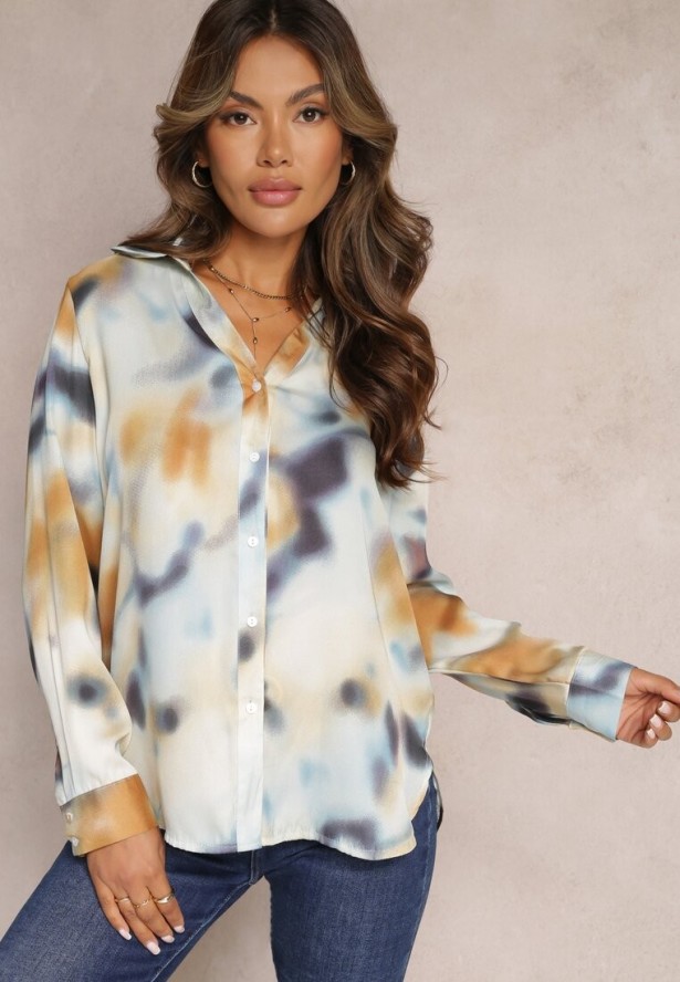 Niebiesko-Brązowa Wzorzysta Koszula z Guzikami i Długimi Rękawami z Mankietami Skadi